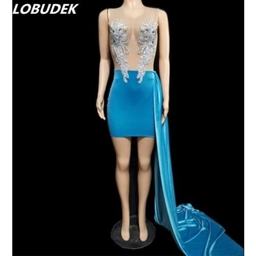 Transparent Mesh Rhinestones Blue Velvet Short Dress Women Birthday Celebrate Evening Party Outfit Singer Host Performance Dress