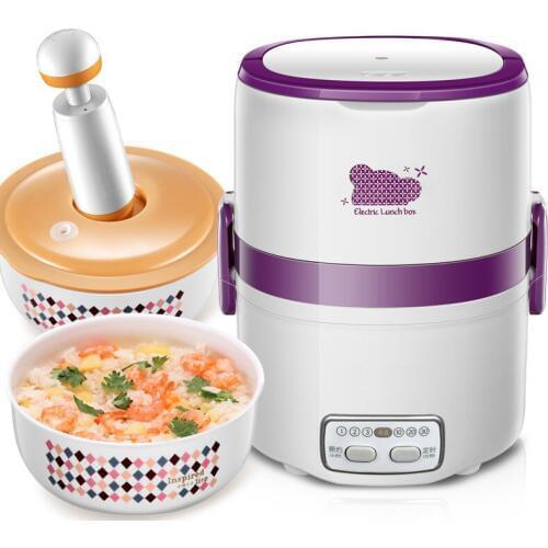 Purple and White Mini Cooker 270W 1.3 L Double Layer Ceramic Bowl Vacuum Seal Heat Preservation Electric Lunch Box