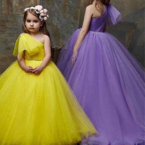 Pageant Dress For Girl Yellow New Shiny Sash One Shoulder Flower Girl Dresses For Wedding Kids Princess Birthday Party Gowns