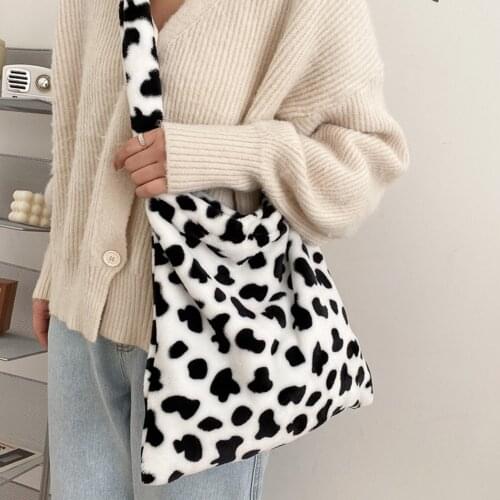 Women Girls Plush Crossbody Purse Cute Large Cow Print Shoulder Bag Lightweight Travel Fluffy Satchel