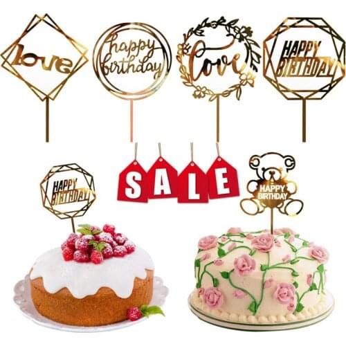 Happy Birthday Love Flag Cake Topper Acrylic Letter Gold Silver Cake Top Flag Decoration for Birthday Party Wedding Supplies