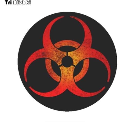 Tri Mishki WCS907 14X14CM Distressed Red and Yellow Biohazard Symbol on Black Classic car sticker PVC Decals Motorcycle sticker