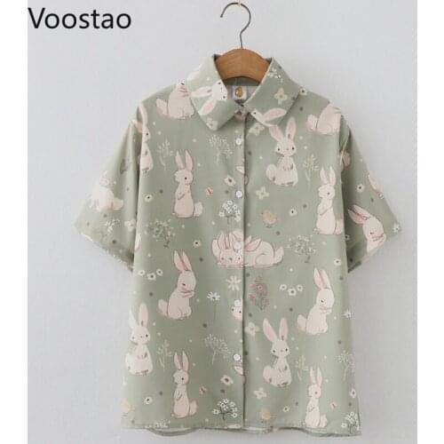 Japanese Sweet Lolita Shirts Girly Cute Rabbit Print Tops Sweet Vintage Preppy Style Korean Loose JK Shirt Women Chiffon Blouses