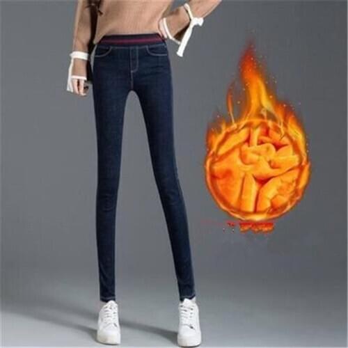 Womens Clothing Winter Warm Thickening High Waist Jeans Female Elasticated Plus Size Tousers Lady Thread Stretch Pencil Pants