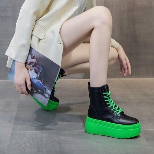 Krasovki Ankle Boots Genuine Leather Black Motorcycle Women Boots Platform Chunky Heel Shoes For Female