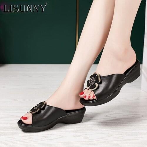 LISUNNY 2021 Summer Platform Flip Flops Fashion Beach Shoes Woman Anti-slip Genuine Leather Sandals Women Slippers Shoe Size 42