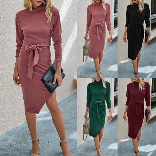 2020 Women Sexy Slim Long Sleeve Irregular Solid Color Bandage Bodycon Dress Party Solid Skinny Elegant Dress Vestidos