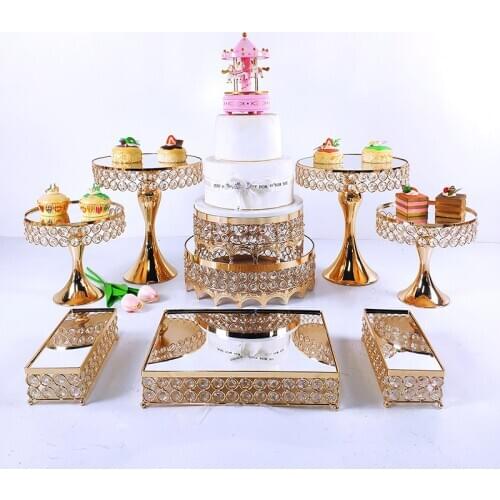 Gold Metal Electroplate Mirror Cake Stand Set Display gold crystal cupcake plate