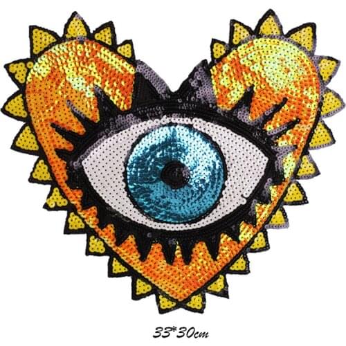 1Pc Love Large Sequin Heart Evil Eyes Patch No Glue Cartoon Motif Applique Embroidery Garment Accessory