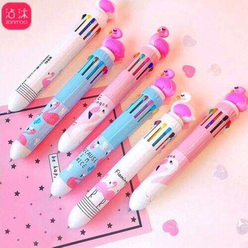 1 Piece Multi-color 10 In 1 Press Flamingo Writing Ballpoint Pen Advertising Pen Signature Pen Student Office Gift Stationery