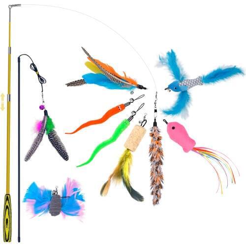 2PCS Cat Teaser Wand Creative Retractable Cat Teaser Toy With 9 Feather Refill Pet Interactive Toy Supplies 2019 New Arrive