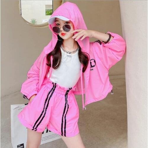 2021 Korea style girls 2 pcs set hooded coat+shorts fashion summer girls suit 6-11t B296