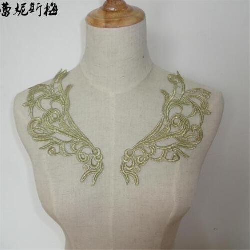 3Pairs 24X7.5cm Gold Wedding Dress Floral Embroidery Sewing Patches Lace Applique Flower Trims DIY Craft BD0211