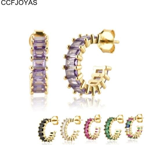 CCFJOYAS 925 Sterling Silver C-type White/Purple/Green/Rainbow CZ Piercing Stud Earring for Women Gold Silver color Fine Jewelry