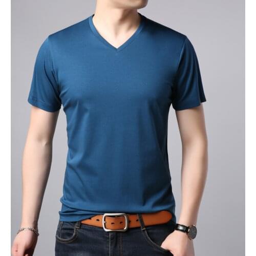 Mercerized Cotton V-neck Comfortable Mens Short Sleeve T-Shirt Solid Slim Fit Multi-color Casual Basic Tshirt Man Navy Green
