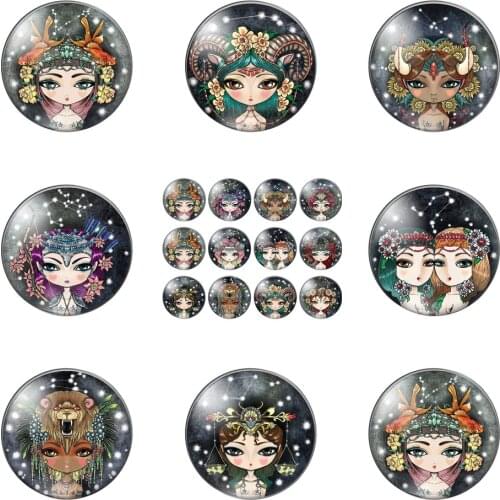 Cartoon Twelve Constellations Girls Art Paintings 12mm/18mm/20mm/25mm Round Photo Demo Glass Cabochon Flat Back Making Findings