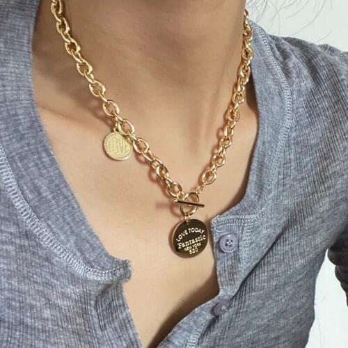 Lifefontier Vintage Stainles Steel Chain Necklace Carved Letter Round Pendant Choker Gold Color Necklaces for Women Jewelry Gift