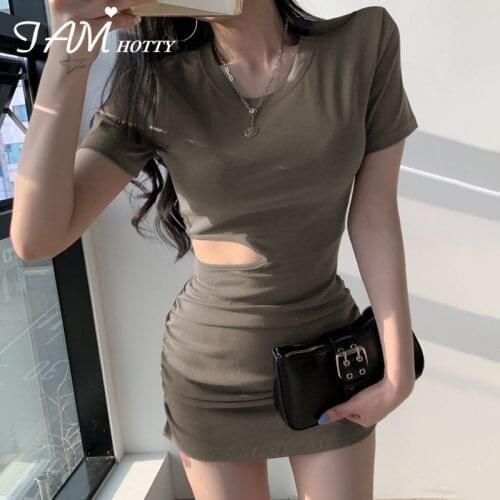 Draped Sexy Waist Hollow Out Wrap Mini Dress Women Casual Solid Basic Cotton Straight Dresses Korean Style Streetwear Iamhotty