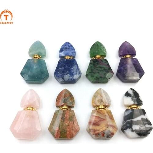 Natural Gems Stone Perfume Bottle Pendant Necklace Hexagon Crystal Essential Oils Diffuser Amethysts Medicine Charms For Woman