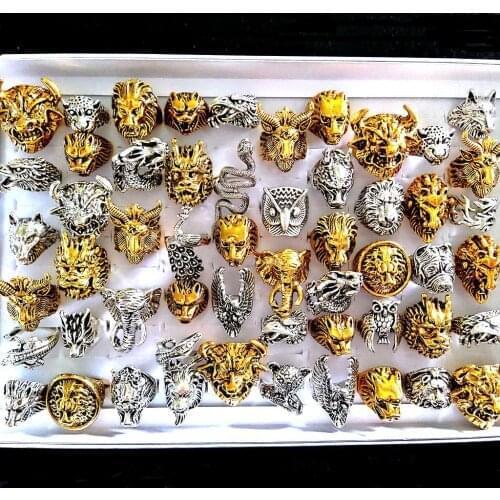 Wholesale 50pcs Top Mixed Ferocious Animal Biker Ring Punk Rocker Gold Silver Alloy Ring Mens Retro Vintage Jewelry Man Gift