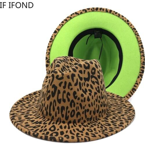 Leopard Print Wide Brim Fedora Hat Women Men Wool Felt Hats Vintage Flat Two Tone Panama Jazz Chapeau hat