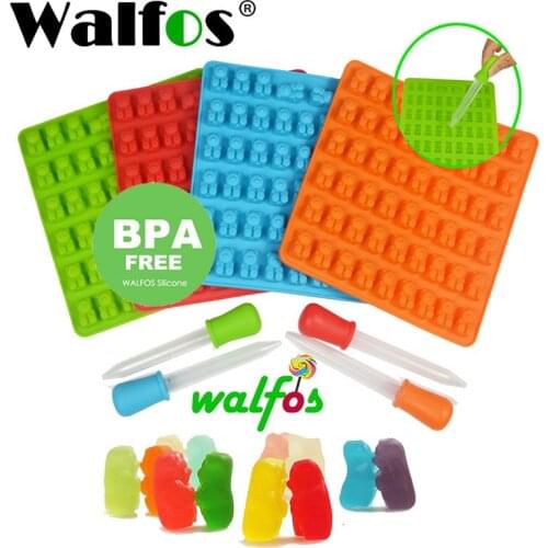 WALFOS Silicone Soap Cube Tray 53 Cavity Gummy Bears Hard Candy Chocolate Baking Mold Fondant Cake Decorating Tool With Dropper