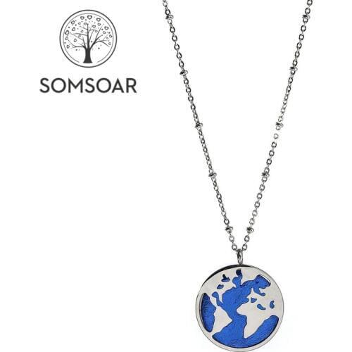 Somsoar Jewelry 2.5cm Travel the world Map Pendant with Royalblue Leather slice as Personalization Map Stainless steel Necklace