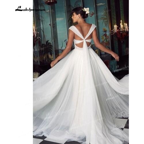 A-Line Tulle Wedding Dresses Sweetheart Neck Sexy Cap-Sleeve Cross-Back Beading Sashes Simple Court Train Beach Bride Gowns 2021