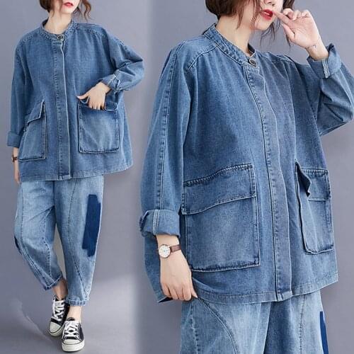 Plus Size Jeans Jacket Korean Long Sleeves Zipper Denim Coat Women Double Pocket New Autumn Winter Windbreaker Female Outwear