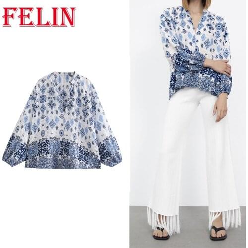 Za 2021 Women Blue Printed Oversized Shirts V-Neck 100% Cotton Soft Fabric Single Button Elegant Blouses Casual Mujer Tops