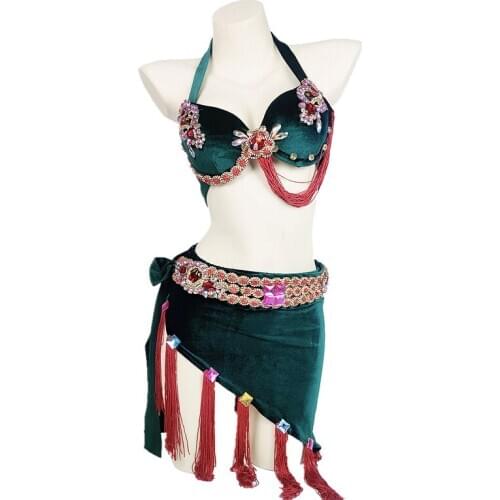 Egyptian Design Women Dance Clothing 3 Pieces Set Velvet Oriental Dance Costume Belly Dance Rhinestone Outfit Bra, Belt Skirt