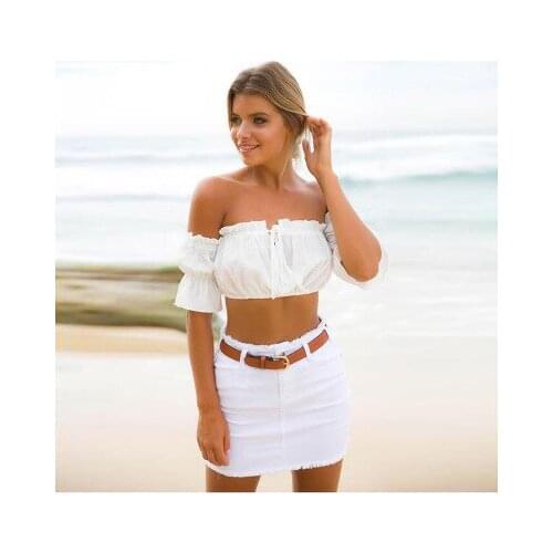 Female Short Cropped Navel Summer White Lantern Sleeves Fashionable Sexy Ruffled Off-shoulder Frill T-shirt Womans Top Crop XL