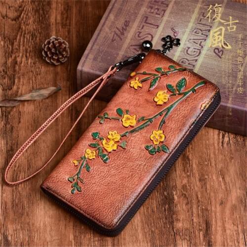Nesitu Highend Vintage Brown Coffee Red Flower Pattern Vegatable Tanned Genuine Leather Women Wallet Phone Clutch Bag Purse M03