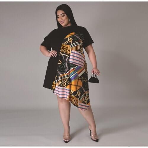 2021 Spring Summer New Fashion Printed Casual Irregular Plus Size Dress Women Clothes Short Sleeve Knee Length Loose Party Dress