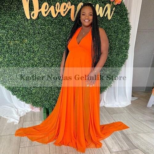 Plus Size Long Orange Halter Women‘s’ Prom Dresses Chiffon Evening Gowns Party Club Birthday Gown Vestido De Fiesta De Boda