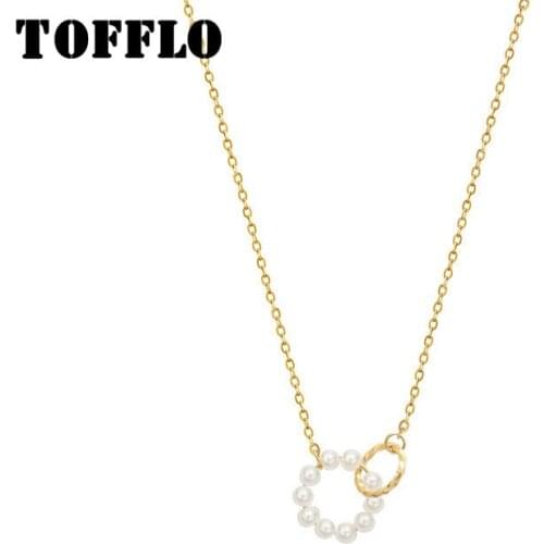 TOFFLO Stainless Steel Jewelry Ring Freshwater Pearl Necklace Female Sweet Flower Clavicle Chain BSP818