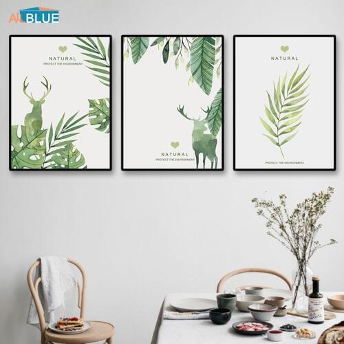 Watercolor Tropical Natural Green Plant Leaves Canvas Art Print Deer Paintings For Living Room Wall Art Pictures Decorative Home