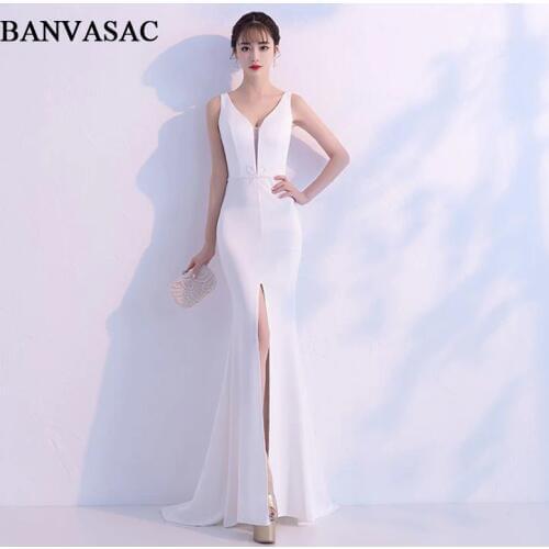 BANVASAC Illusion Deep V Neck Split Mermaid Long Evening Dresses Party Crystal Bow Sash Backless Prom Gowns