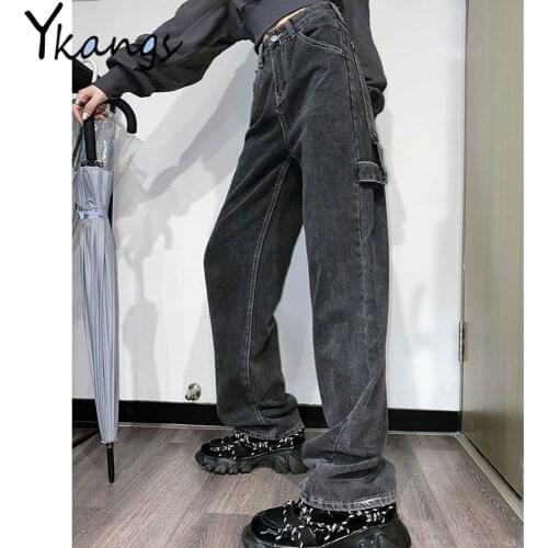 Black Pocket Girdle Stitching High Waist Wide Leg Jeans Baggy Hip Hop Streetwear Harajuku Cargo Pants Gothic Y2k Denim Trousers