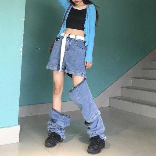 Spring Hip Hop Removable Jeans Women Three-stage Zipper Jean for Women High Waist Cool Denim Pants Punk Rock Ripped Jeans Women