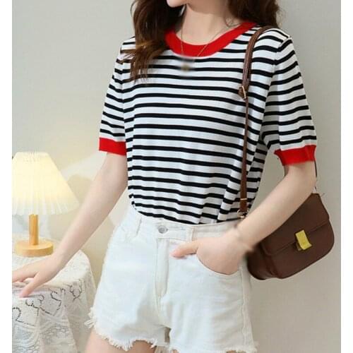 Vintage O Neck Short Sleeve Tops Comfortable Chic Clothing Fashion Wild Tees Cotton Contrast Striped Tshirts Women Summer