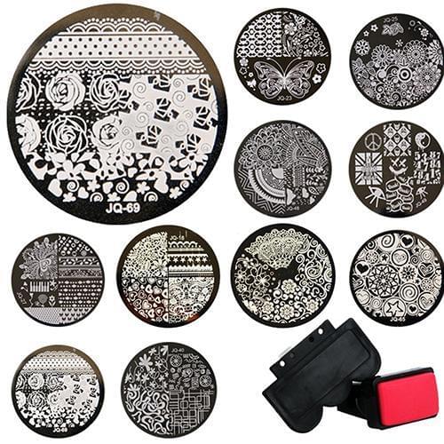 Hot 10 Pcs Stamp+Stamper+Scraper Stamping Kits Round Metal Plates DIY Nail Tools