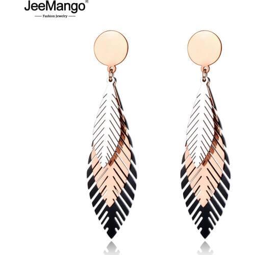 JeeMango Elegant Stainless Steel Black/Rose Gold Leaves Stud Earrings Bohemia Style Creative Jewelry For Women Kolczyki JE19100