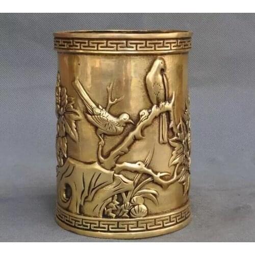 China brass fengshui rich Peony Peonies Magpie bird statue Brush Pot pencil vase