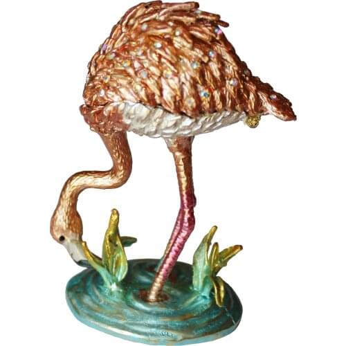 Zinc Alloy Rhinestone Flamingo Figurines Trinket Box Earrings Ring and Necklace Hand-Pinted Jewelry Storage Box