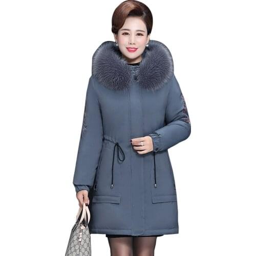 Plus Size Mama Overcome Middle Aged Winter Jacket Female Hooded Fur Collar Parka Long Woman Down Cotton Coat Women Warm Overcoat
