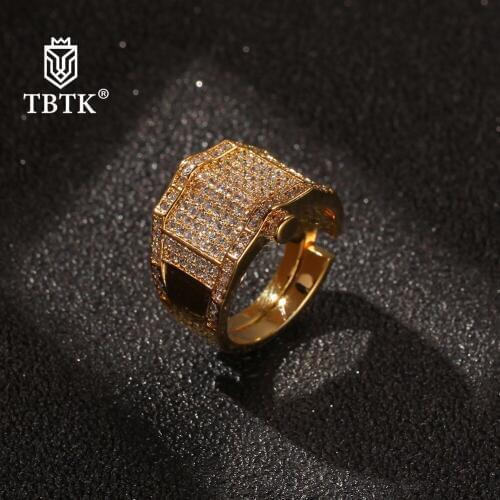 TBTK Fashion Hiphop Rapper Gold/White Gold Ring Irregularity Full Iced Cubic Zirconia Party Wedding Mens Rings CZ Jewelry Gifts