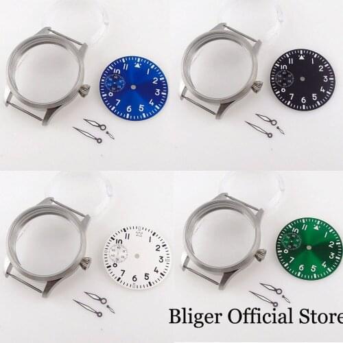 BLIGER fit ETA 6497 ST3600 Manual Brushed 42mm Watch Case Luminous Blue/Green/White Dial Hand Set
