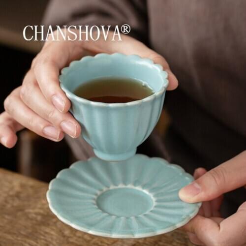 CHANSHOVA 100ml Chinese style Crackle Ceramic tea cup saucer set coffee cups saucer China ru kiln porcelain H584