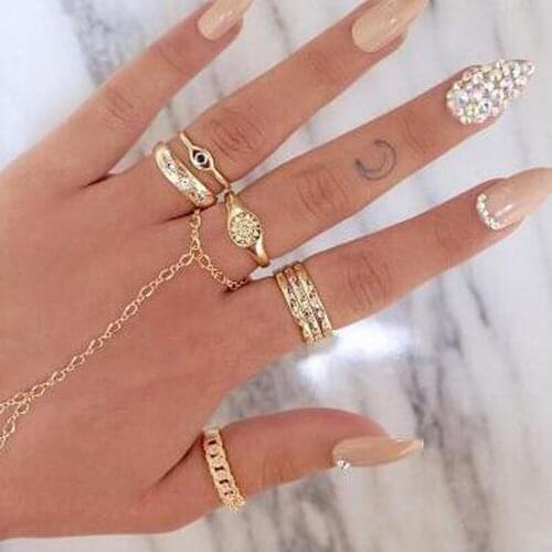 ALYXUY 7pc/set Bohemian Crystal Gold Color Eye Star Rings Set for Women Geometric Alloy Knuckle Midi Rings Boho Jewelry